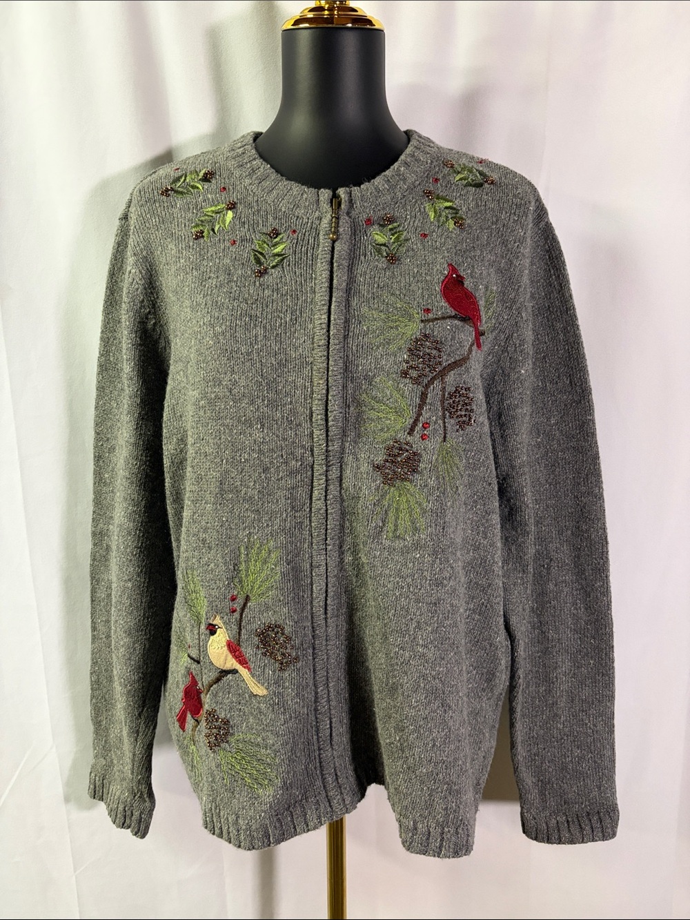 Croft & Barrow Gray Beaded Embroidered Christmas Cardinal Zip Front Cardigan